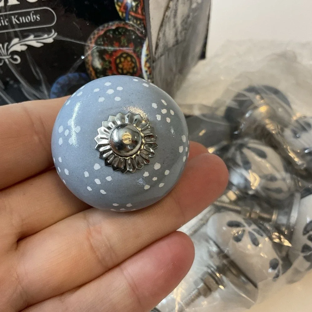 Vintage Porcelain Ceramic White Blue Pattern Drawer Cabinet Knobs Pulls Set Of 8